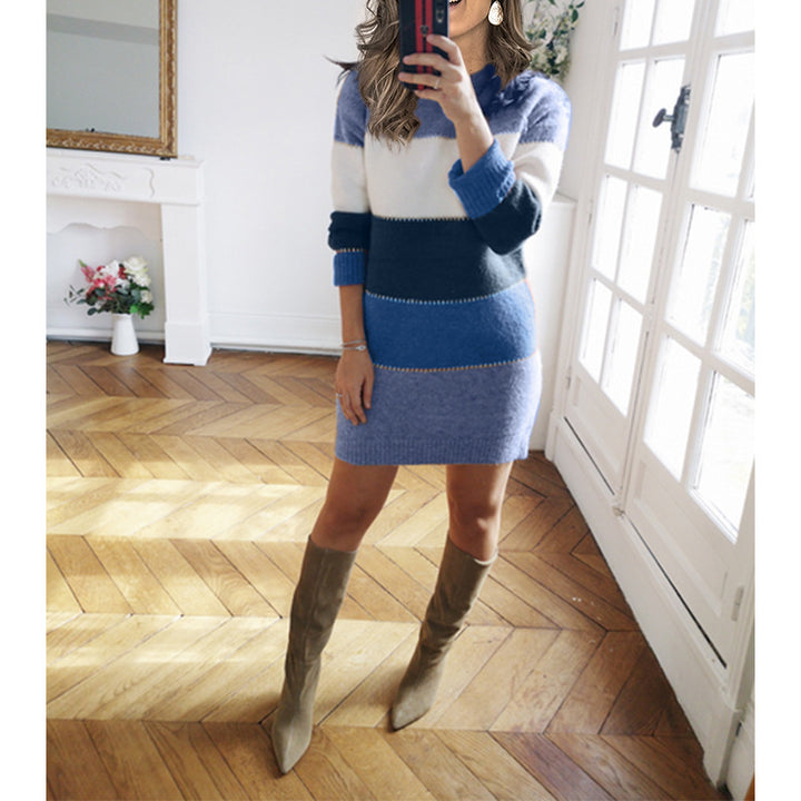Damen nan gestreiftes Strickkleid mit figurbetonter Passform, geripptem Saum und langen Ärmeln Drune