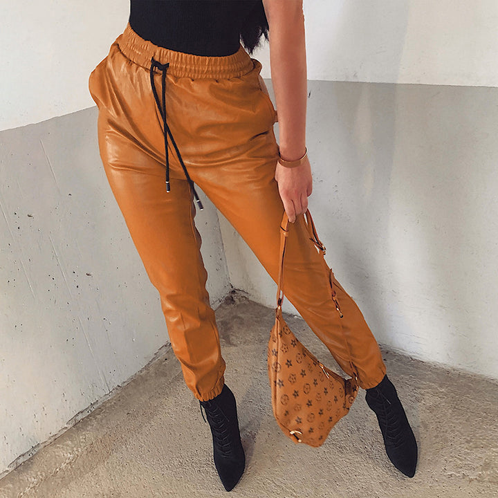Damen elegante Kunstlederhose mit elastischem Bund und Kordelzug Drune