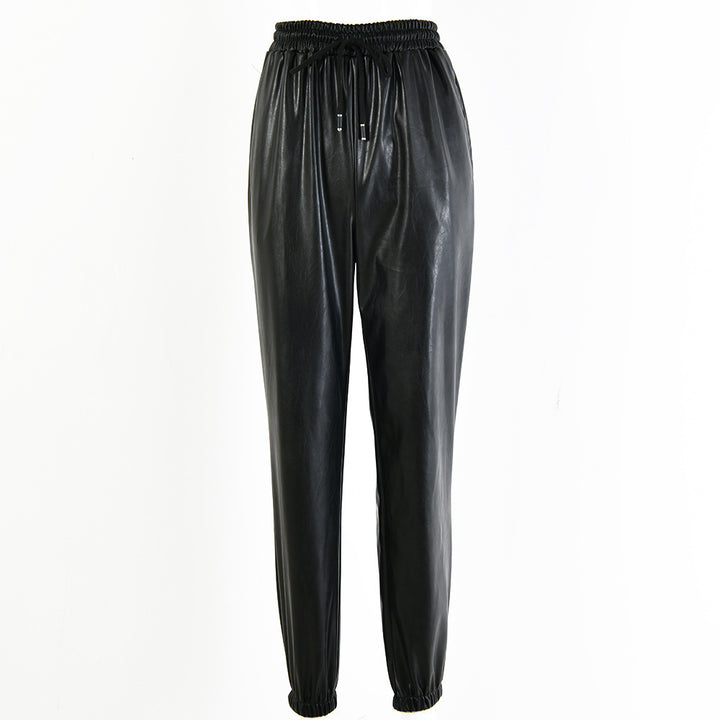 Damen elegante Kunstlederhose mit elastischem Bund und Kordelzug Drune