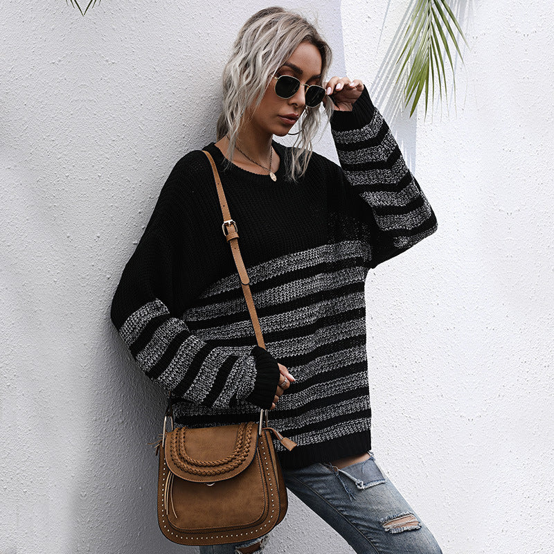 Damen lässiger Strickpullover mit modischem Streifenmuster und weitem Schnitt Drune