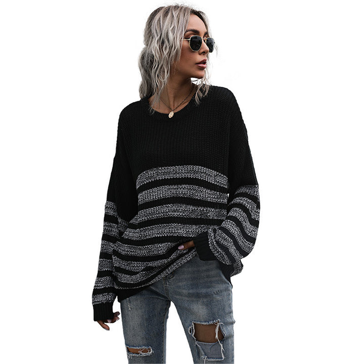 Damen lässiger Strickpullover mit modischem Streifenmuster und weitem Schnitt Drune