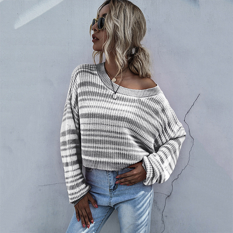 Damen lässiger Strickpullover mit weitem Schnitt und modischem Streifenmuster Drune