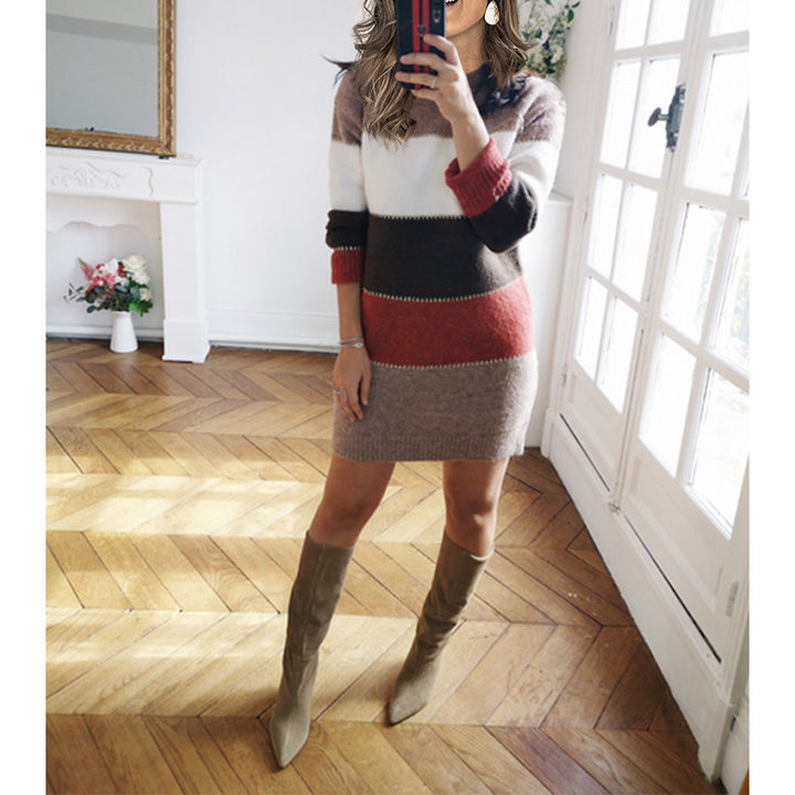 Damen nan gestreiftes Strickkleid mit figurbetonter Passform, geripptem Saum und langen Ärmeln Drune