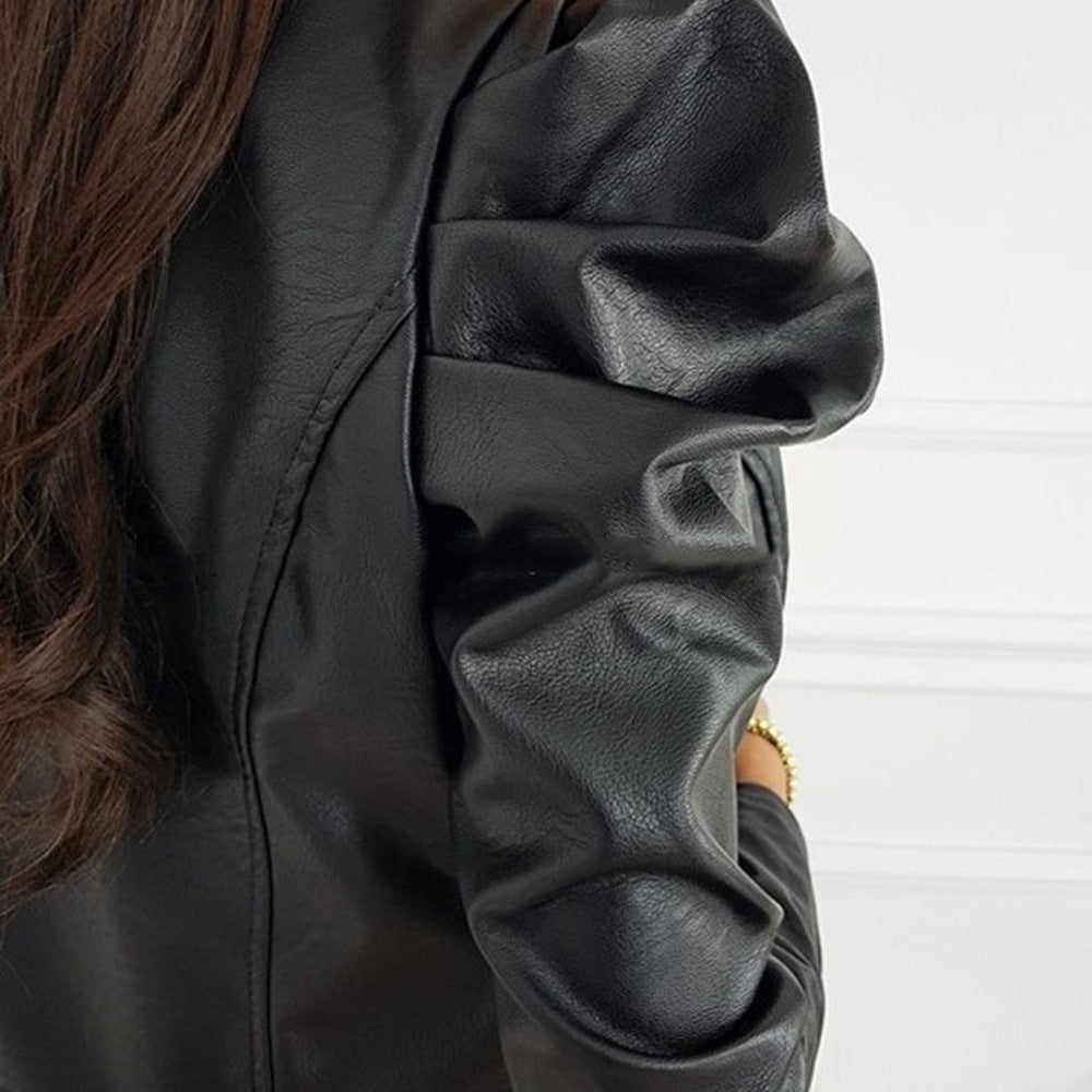 Damen nan taillierte Kurzjacke aus Kunstleder mit Puffärmeln und Reißverschluss Drune