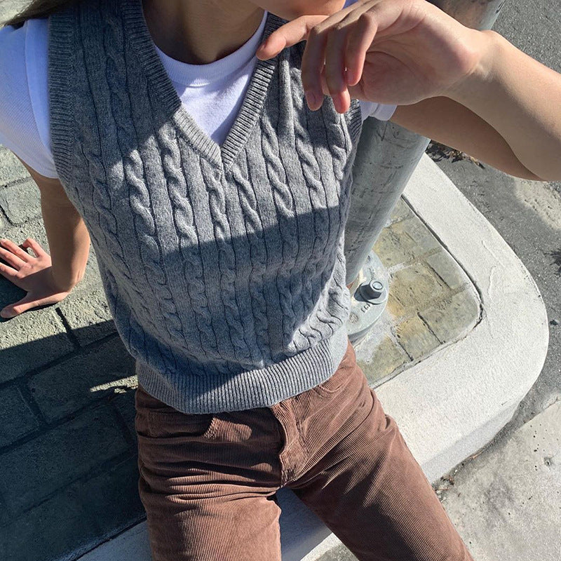 Damen Strick-Crop-Top mit V-Ausschnitt und Zopfmuster Drune