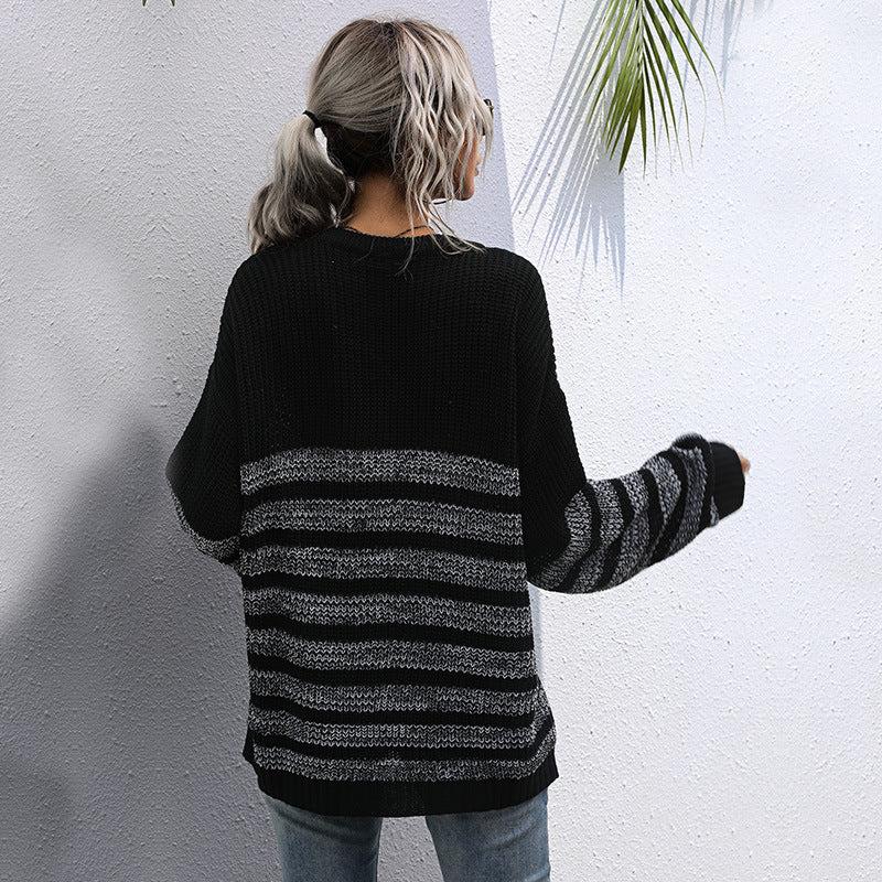 Damen lässiger Strickpullover mit modischem Streifenmuster und weitem Schnitt Drune