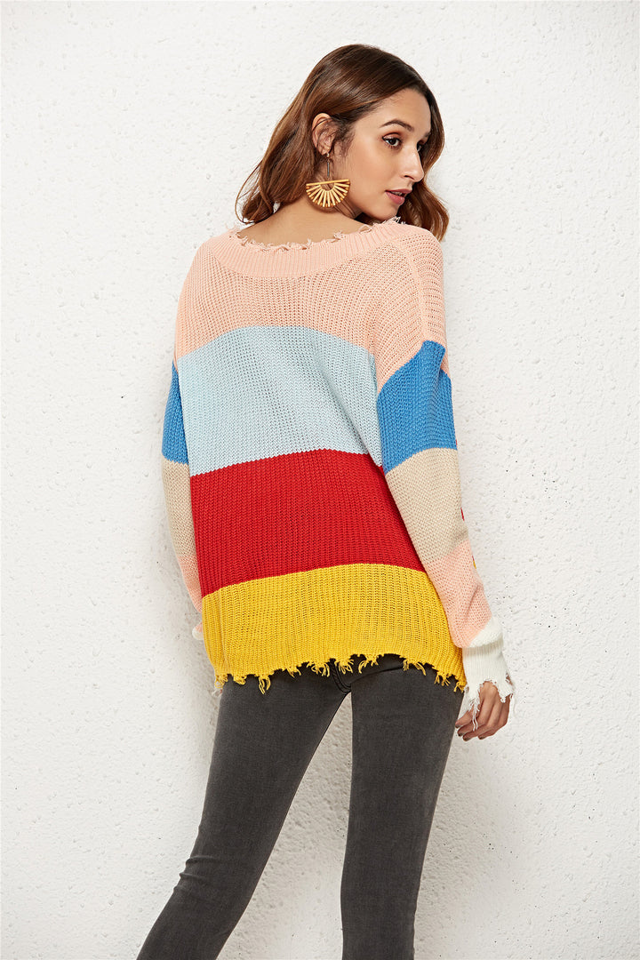 Damen lässiger Strickpullover mit tiefem V-Ausschnitt und modischem Streifenmuster Drune