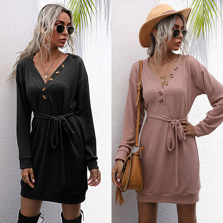 Damen Strickkleid mit Knopfdetails und integriertem Bindegürtel Drune
