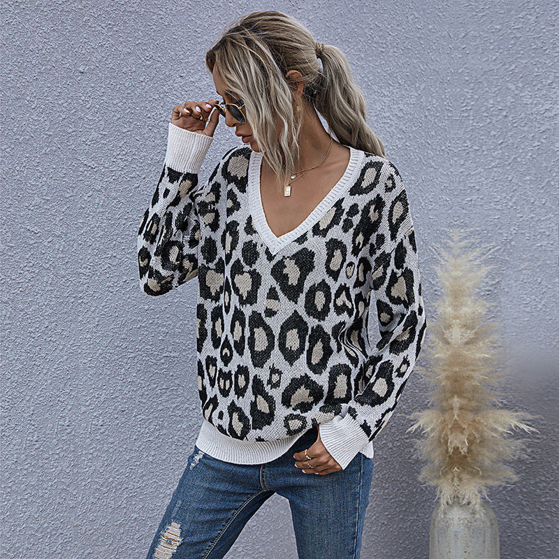 Damen legerer Pullover mit Leopardenmuster und V-Ausschnitt Drune