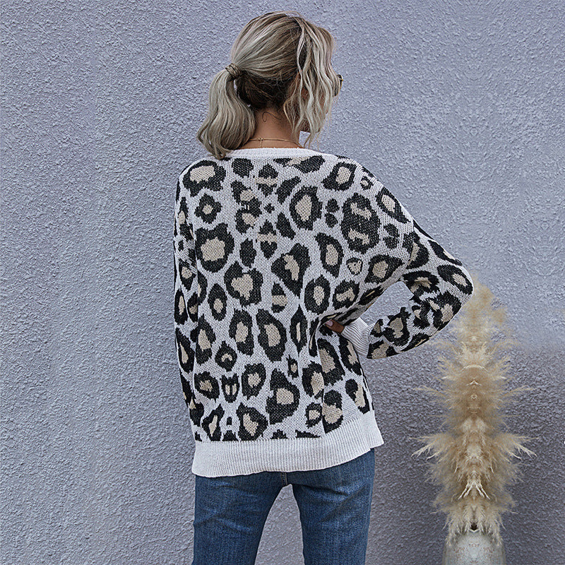 Damen legerer Pullover mit Leopardenmuster und V-Ausschnitt Drune