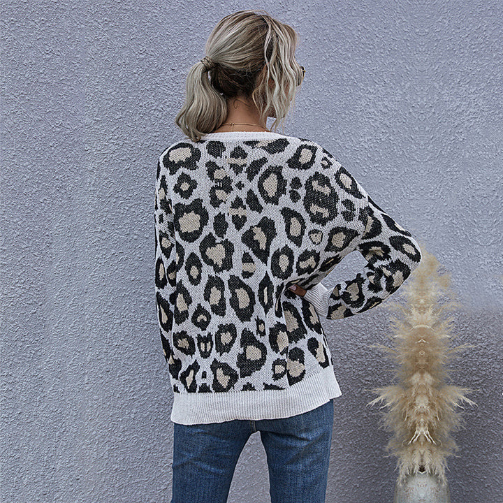 Damen legerer Pullover mit Leopardenmuster und V-Ausschnitt Drune