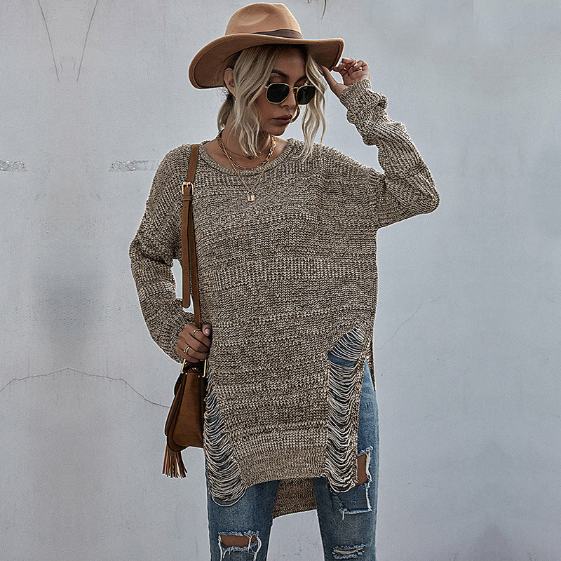 Damen lässiger Strickpullover mit moderner Fransenoptik und asymmetrischem Saum Drune