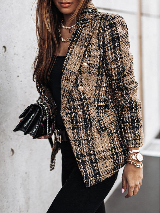 Damen Tweed Blazer im klassischen Karomuster mit goldenen Knöpfen Drune