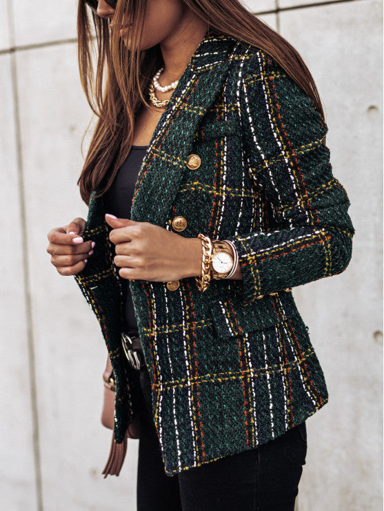 Damen Tweed Blazer im klassischen Karomuster mit goldenen Knöpfen Drune