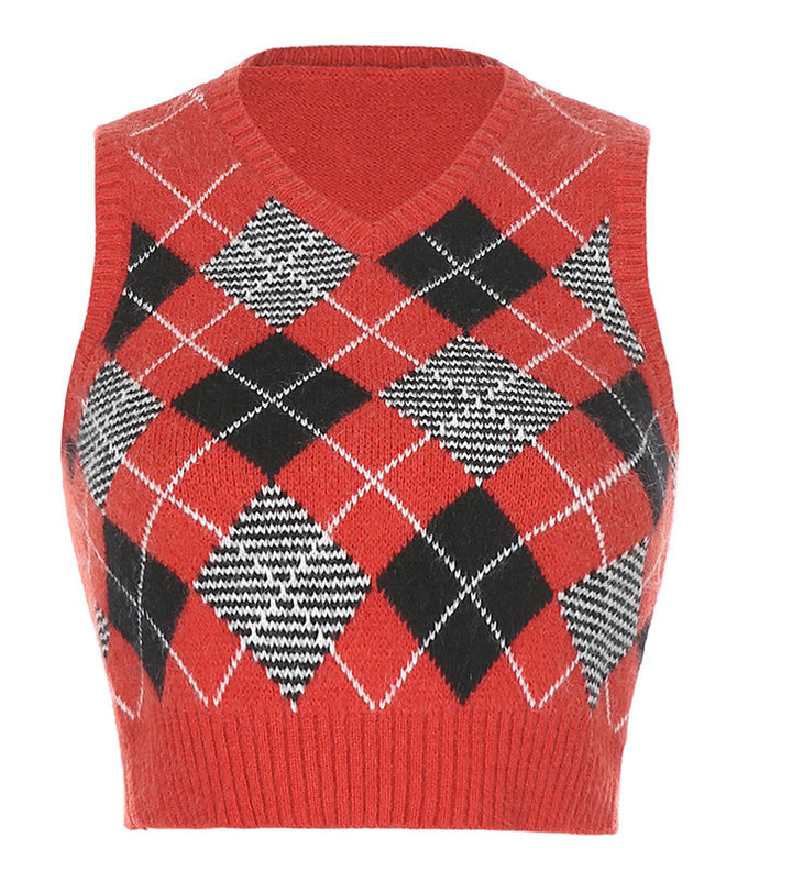 Damen nan ärmellose kurze Strickweste mit Rautenmuster und V-Ausschnitt Drune