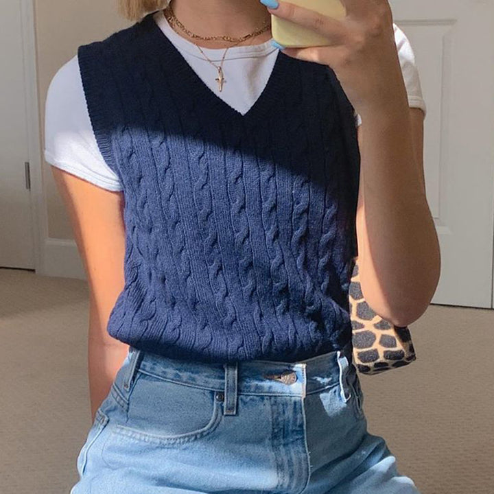 Damen Strick-Crop-Top mit V-Ausschnitt und Zopfmuster Drune