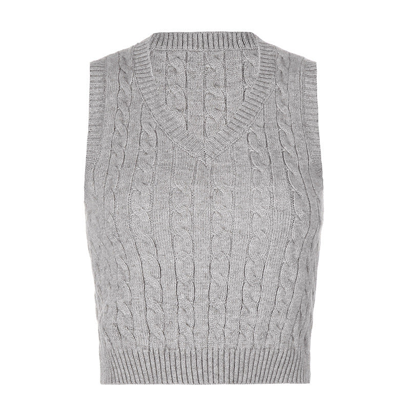 Damen Strick-Crop-Top mit V-Ausschnitt und Zopfmuster Drune