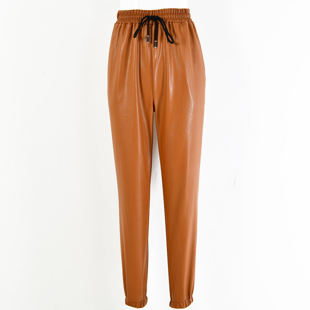 Damen elegante Kunstlederhose mit elastischem Bund und Kordelzug Drune