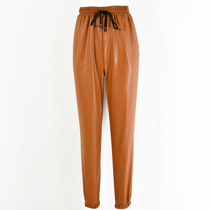 Damen elegante Kunstlederhose mit elastischem Bund und Kordelzug Drune