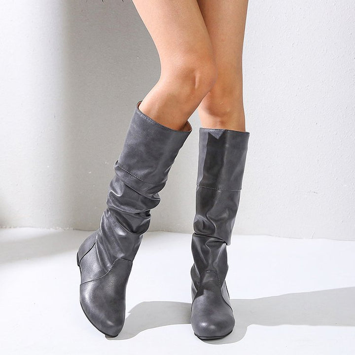 Damen elegante Stiefel mit modernem Falten-Design und komfortablem Blockabsatz Drune