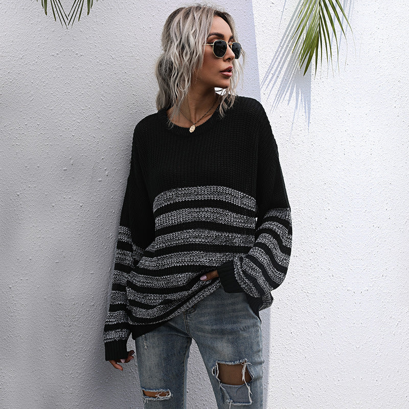 Damen lässiger Strickpullover mit modischem Streifenmuster und weitem Schnitt Drune