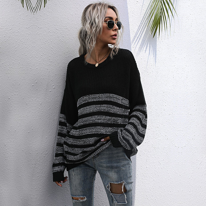 Damen lässiger Strickpullover mit modischem Streifenmuster und weitem Schnitt Drune