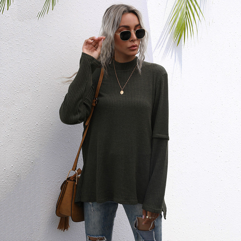 Damen lässiger Pullover mit hohem Kragen und strukturiertem Waffelmuster Drune