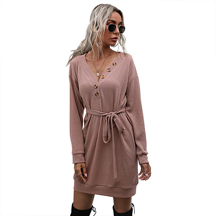Damen Strickkleid mit Knopfdetails und integriertem Bindegürtel Drune