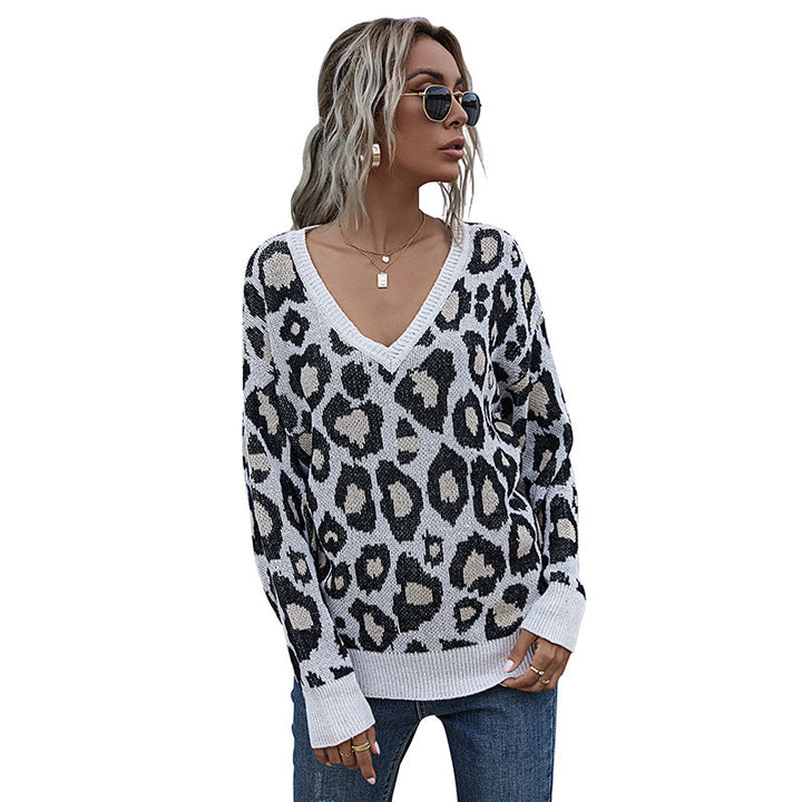 Damen legerer Pullover mit Leopardenmuster und V-Ausschnitt Drune