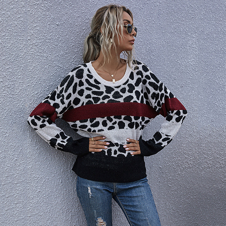 Damen lässiger Pullover mit modernem Leo-Muster und Blockstreifen Drune