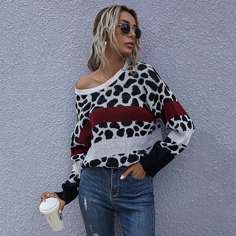 Damen lässiger Pullover mit modernem Leo-Muster und Blockstreifen Drune