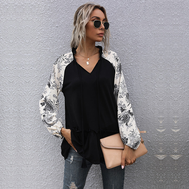 Damen lässige Bluse mit floralem Design und voluminösen Ärmeln Drune