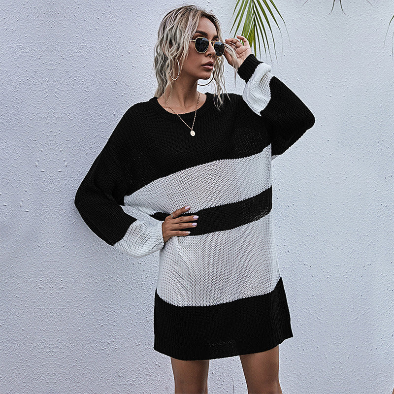 Damen Oversized Strickkleid mit modischem Blockstreifenmuster Drune
