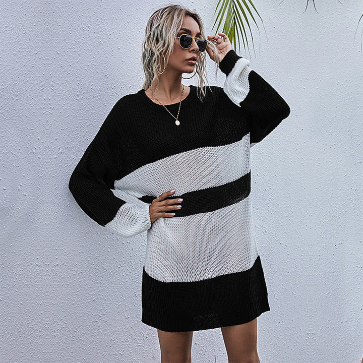 Damen Oversized Strickkleid mit modischem Blockstreifenmuster Drune