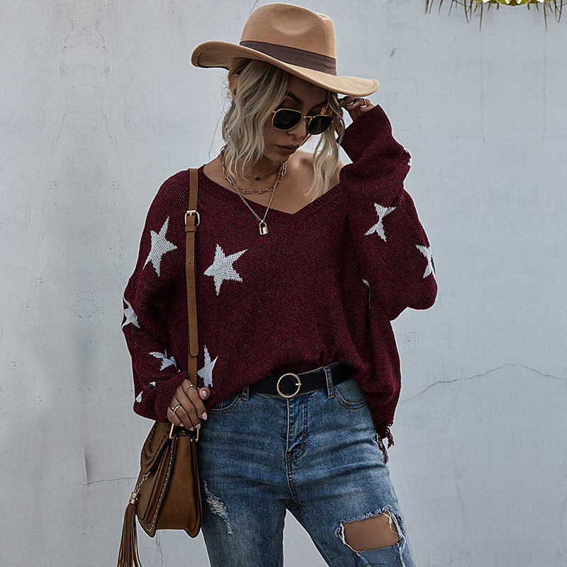 Damen Oversize Pullover mit Sternenmuster und tiefem V-Ausschnitt Drune