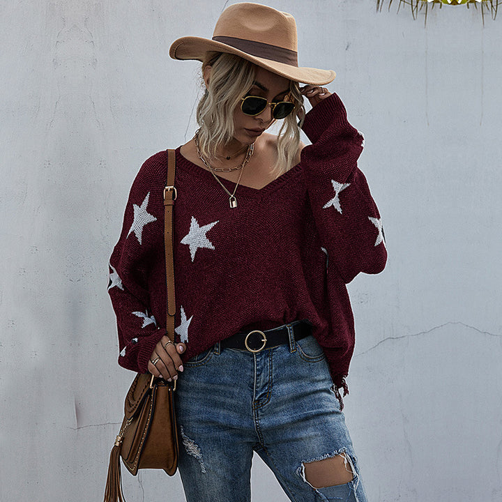 Damen Oversize Pullover mit Sternenmuster und tiefem V-Ausschnitt Drune