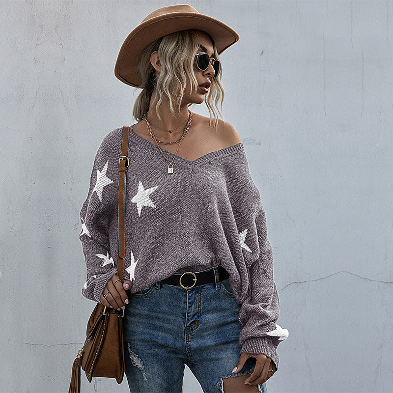 Damen Oversize Pullover mit Sternenmuster und tiefem V-Ausschnitt Drune