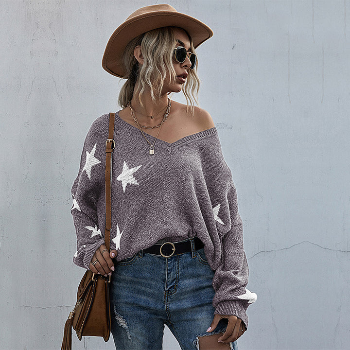 Damen Oversize Pullover mit Sternenmuster und tiefem V-Ausschnitt Drune