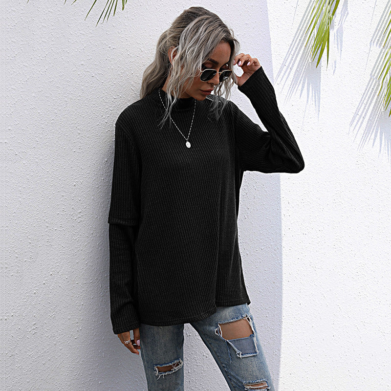 Damen lässiger Pullover mit hohem Kragen und strukturiertem Waffelmuster Drune