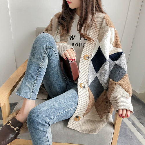 Damen Grobstrickjacke mit dekorativem Rautenmuster und komfortablem Schnitt Drune