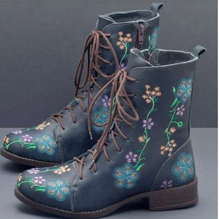 Damen bestickte Combat-Stiefelette mit floralem Stickmotiv, seitlicher Reißverschluss und gepolstertem Komfortfußbett Drune