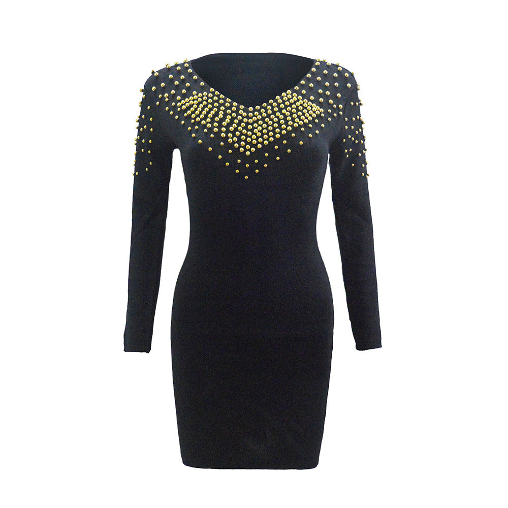 Damen Figurbetontes Minikleid mit goldenen Nieten und V-Ausschnitt Drune