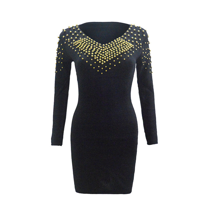 Damen Figurbetontes Minikleid mit goldenen Nieten und V-Ausschnitt Drune