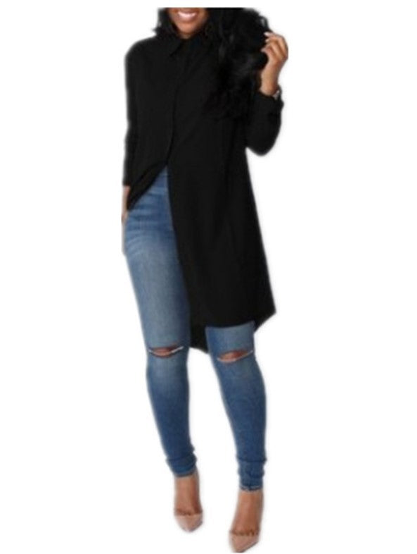 Damen Langarm-Hemdblusenkleid mit asymmetrischem Saum und eleganten Knopfdetails Drune