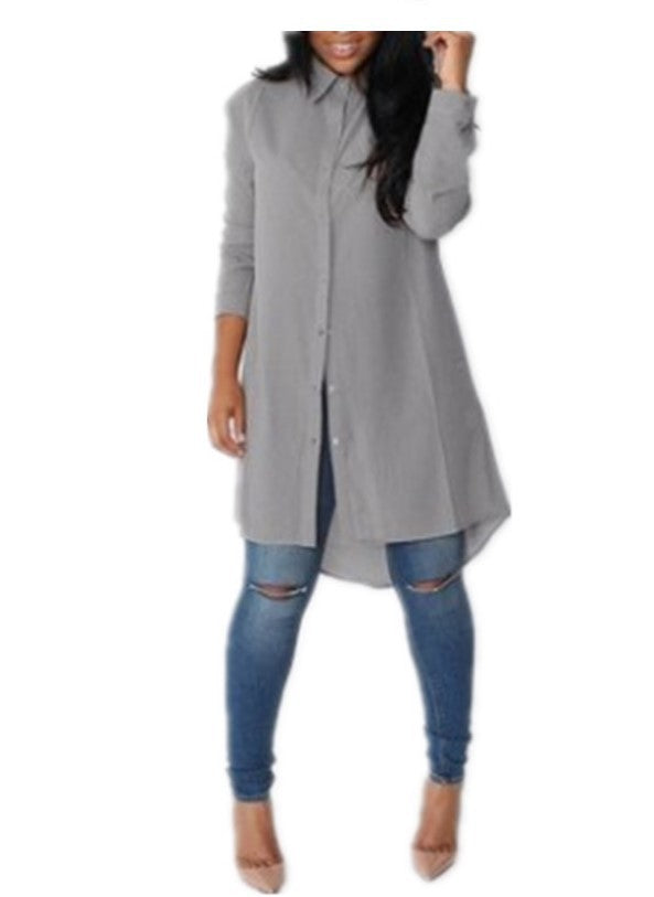 Damen Langarm-Hemdblusenkleid mit asymmetrischem Saum und eleganten Knopfdetails Drune