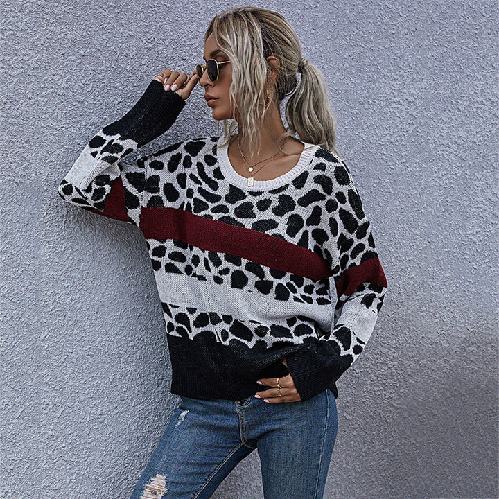 Damen lässiger Pullover mit modernem Leo-Muster und Blockstreifen Drune