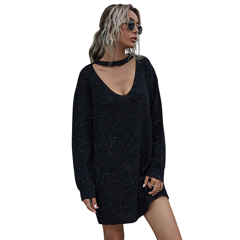 Damen Strickkleid mit tiefem V-Ausschnitt und modischem Gürtel Drune