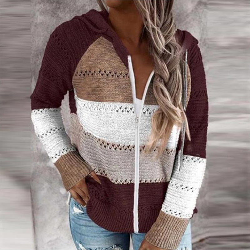 Drune | Kontrastfarbige Strick Zip Leichtgewicht Hoodie