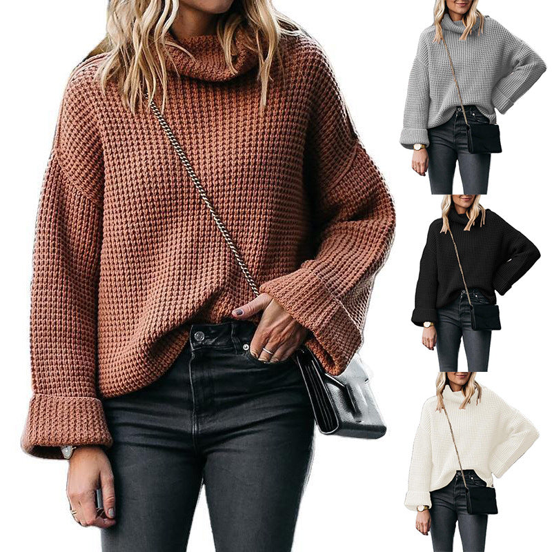 Damen nan grobstrick Rollkragenpullover mit weitem Oversize-Schnitt und Umschlagärmeln Drune