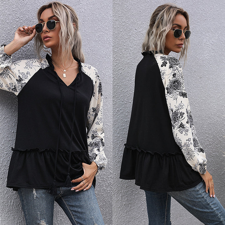 Damen lässige Bluse mit floralem Design und voluminösen Ärmeln Drune